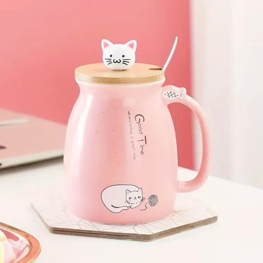 {NEW} Pink Cat-Themed Ceramic Mug with Lid & Spoon